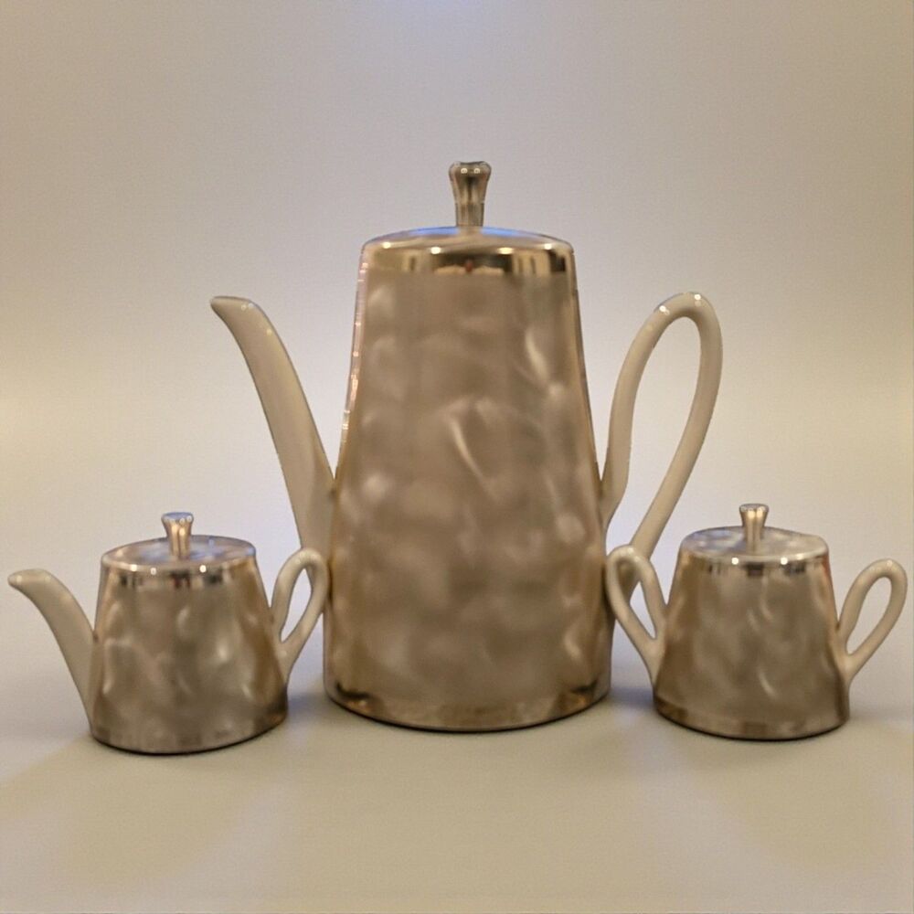 Vintage Champagne Gold Insulated Covered Ceramic Coffee Tea Set MCM